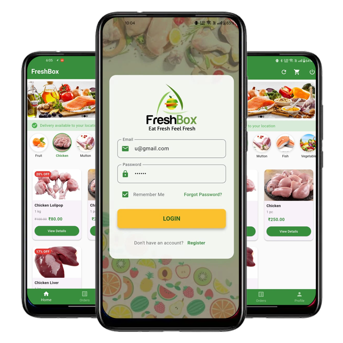 FreshBox App Screenshots - Food Delivery Interface and Ordering Process